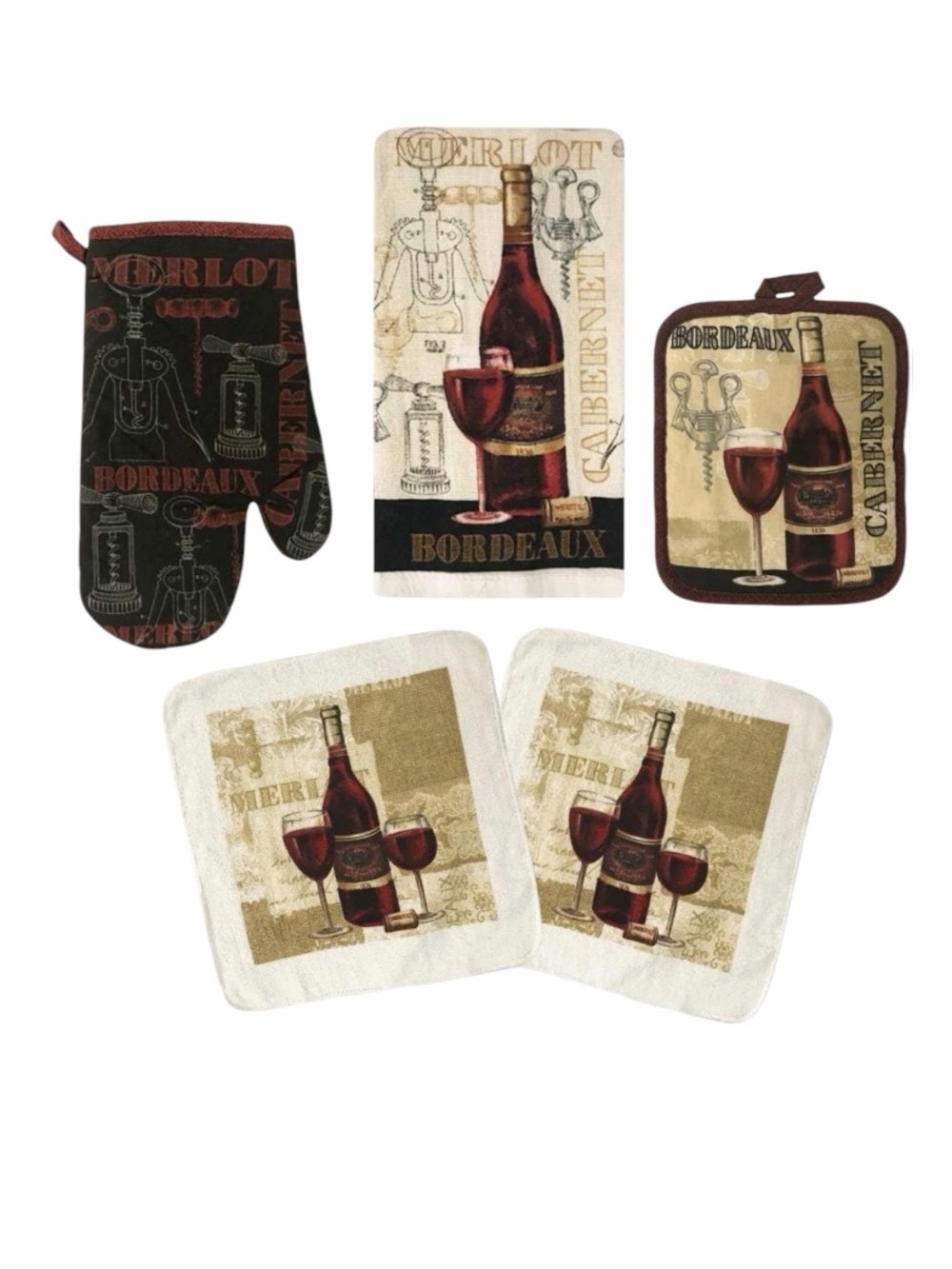 Wine Themed Kitchen Linen Set 5-Pieces; Oven Mitt•Potholder•Towel•2 Dishcloths